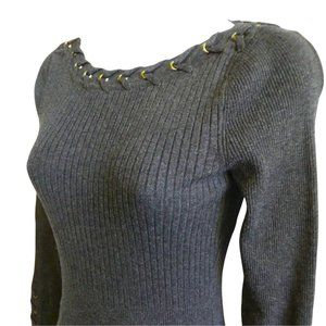 Cache Charcoal Grey Sweater Dress Lace Up Neckline Cuffs Ribbed Knit Bodycon S